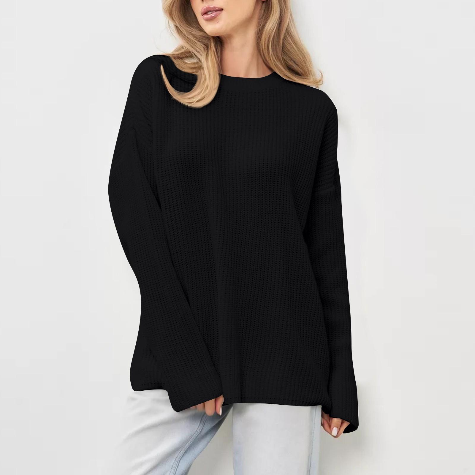 Женский повседневный свитер свободного размера с круглым вырезом, однотонный внутренний свитер, топ-пуловер, осень-зима L чёрный