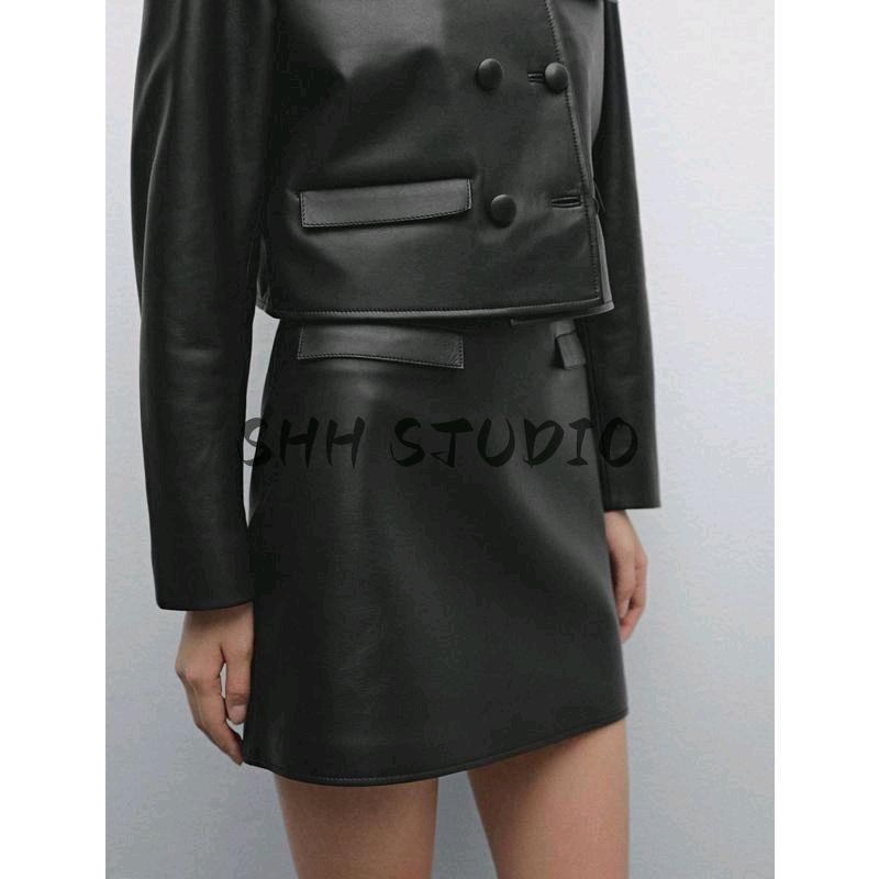 Anti-Leather Mini A- line Skirt 5304800 round Neck Long Sleeves Double Breasted Short Outwear 4701800