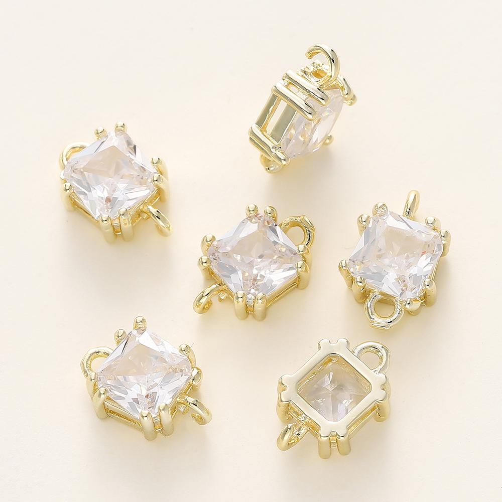 4/6Pcs 14/18K Gold Color Plated Zircon Single Hole Love Heart Double Hole Square Pendants For DIY Jewelry Making Findings