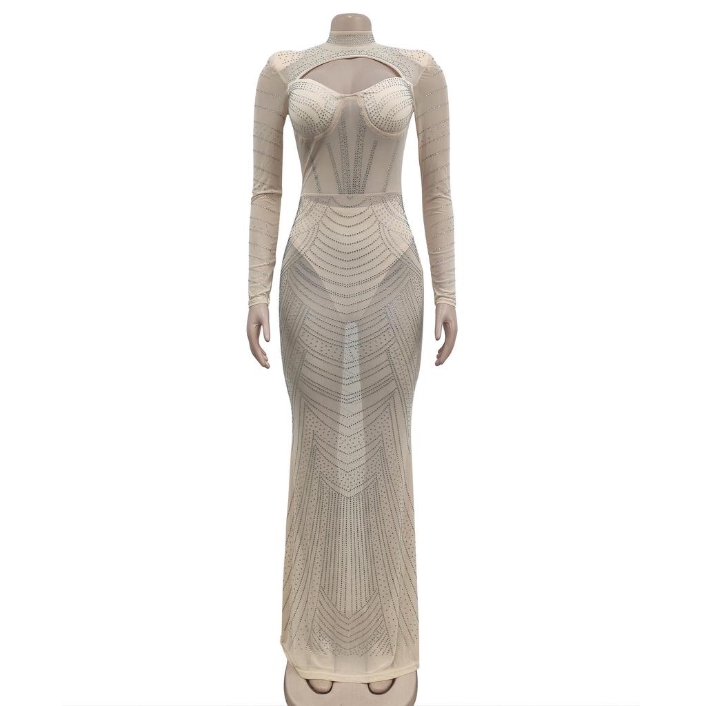 V-neck Long Sleeve Mesh Dress with Hot Drill Accents