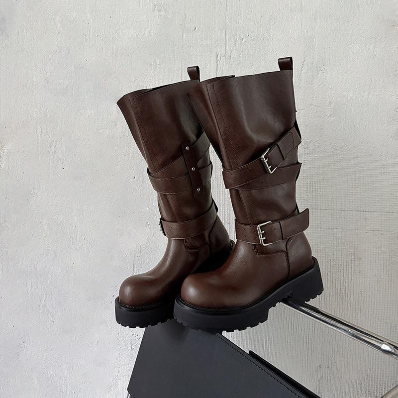 

осень-зима 2025 новые ботинки рыцаря в стиле ретро Майяр женские универсальные ботинки на толстой подошве с набором, ботинки с круглым носком и пряжкой-ремнем 39 темно-коричневого