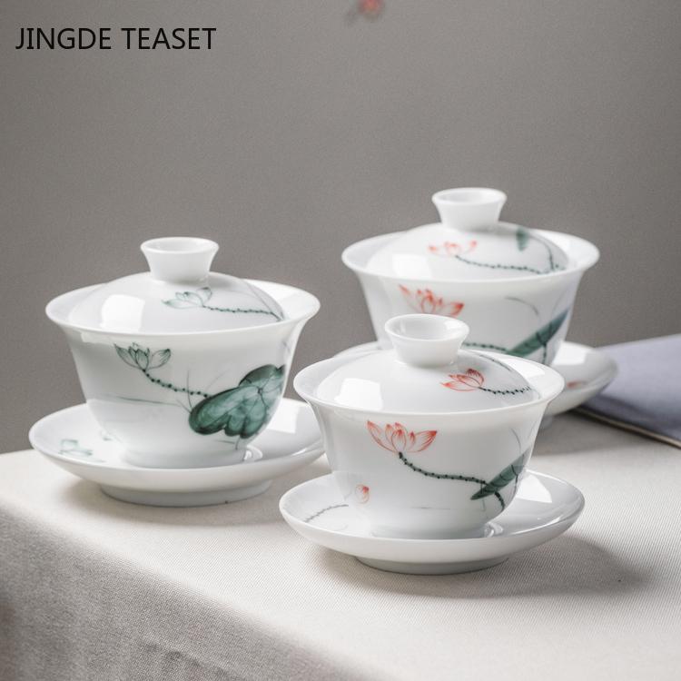 

Ceramic Tea Gaiwan TeacupHand Painted Large Tea tureen Chinese White jade porcelain tea bowl Tea set Accessories Master cup