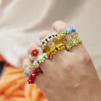 Cute Colorful Flower Finger Ring Rice Beads Elastic Chain Beaded Ring For Women Girls Charm Temperament Jewelry Gift Adjustable