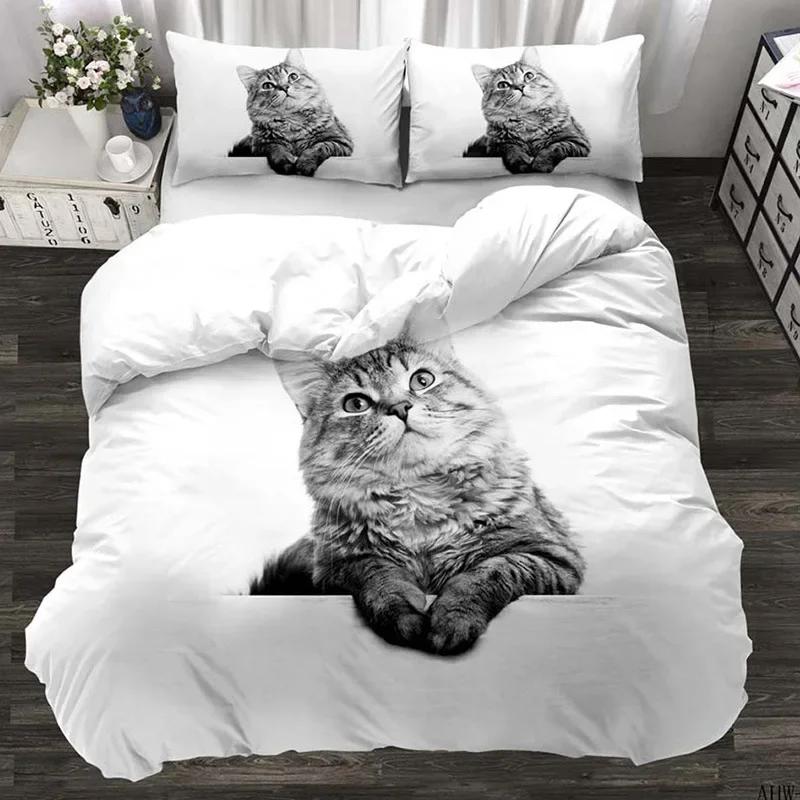 3D Digital Printing 2/3pc Animal Cat Pattern Quilt Cover Pillowcase Double Bed Set Cover Quilt Soft Microfiber Bedding Set