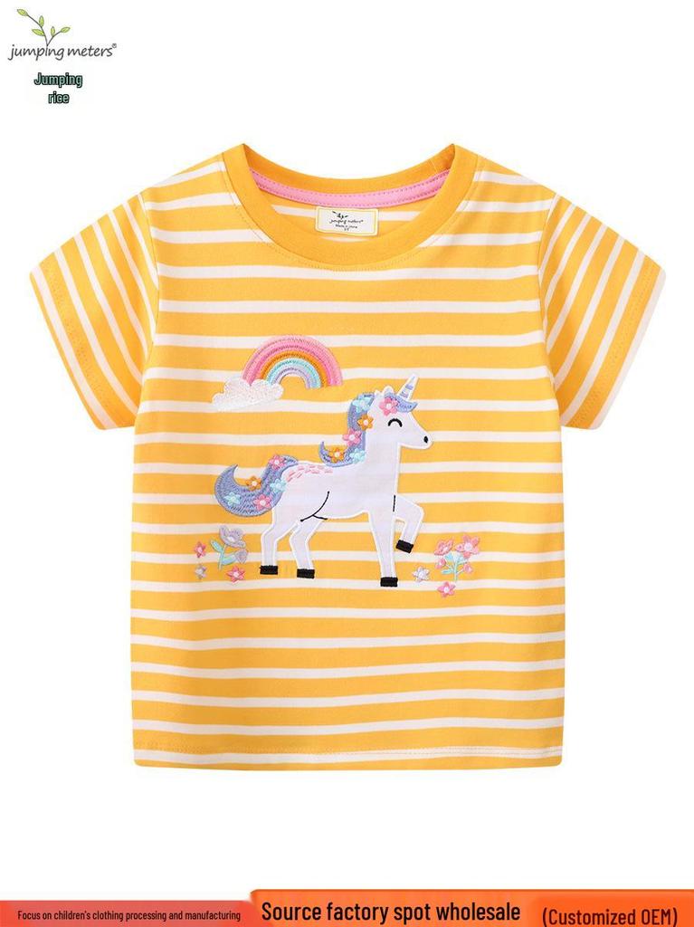 European Style Girls' Cartoon Embroidered T-shirt - Round Neck, Short Sleeve, Summer 2026