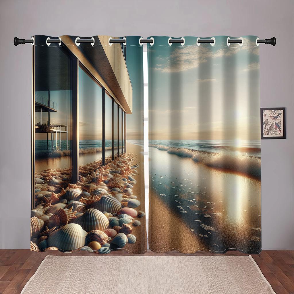 Summer View Beach Ocean Shell Natural Senery Tree Curtains for Bedroom Window Drapes Living Room Home Decoration Kitchen Office