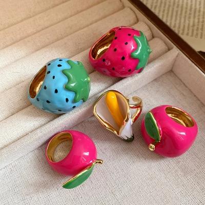 Korean Style Vintage Ring Flower Big Floral Ring Cute Enamel Fruit Ring  Summer Vacation