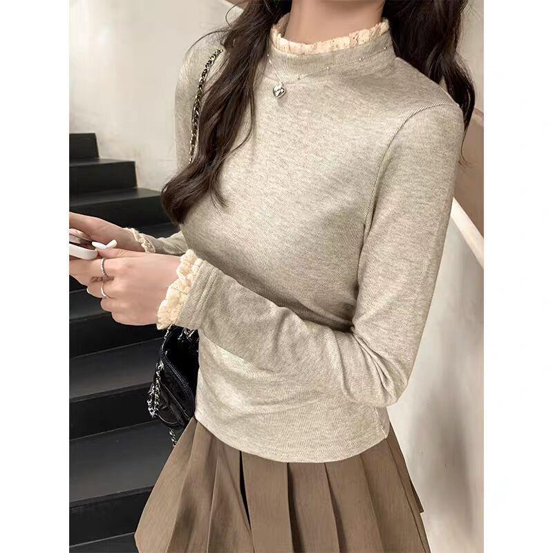 270g Lambswool Lace High-Collar Long-Sleeve T-Shirt for Women's Autumn/Winter