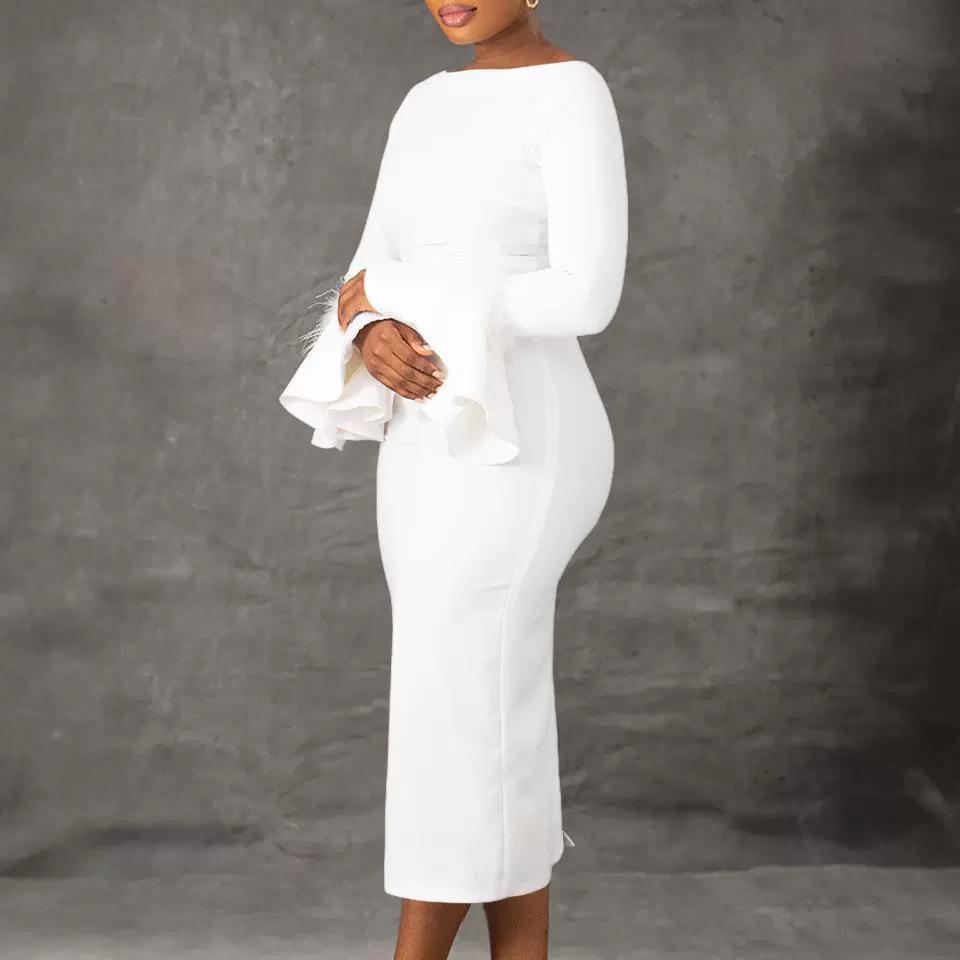 Women's Hip-Wrap Flare Sleeve Party Dress - New Fashion Solid Color OL Style