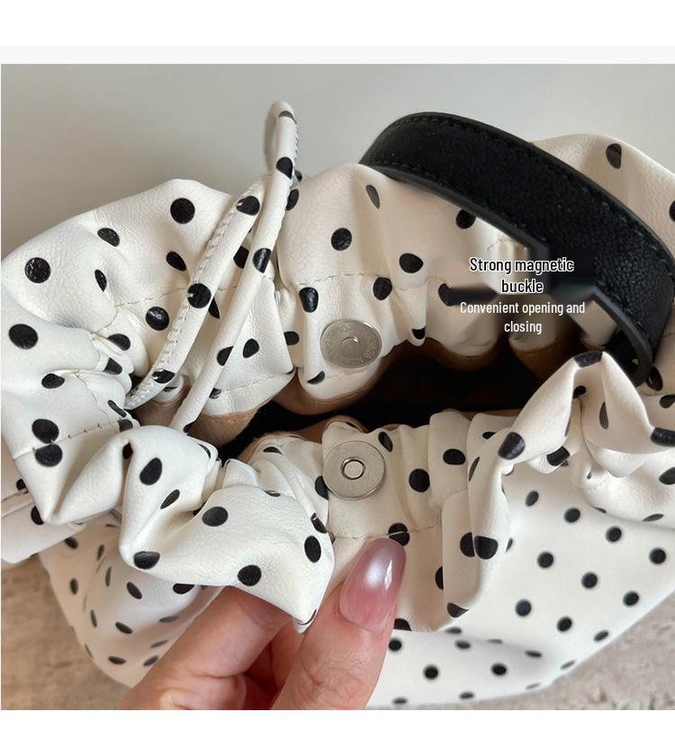 Women's Polka Dot Drawstring Shoulder Bag - Large Capacity Pleated PU Leather Crossbody for Fashion & Commute