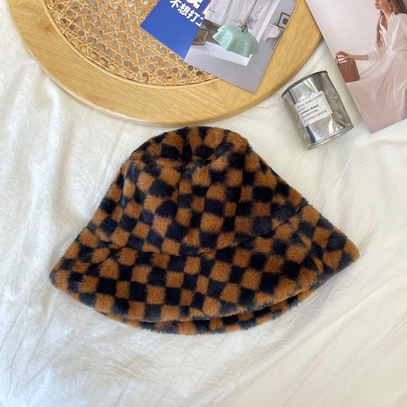 Plaid Fashion Checkerboard Plush Fishermans Hat Female Autumn And Winter Warmth