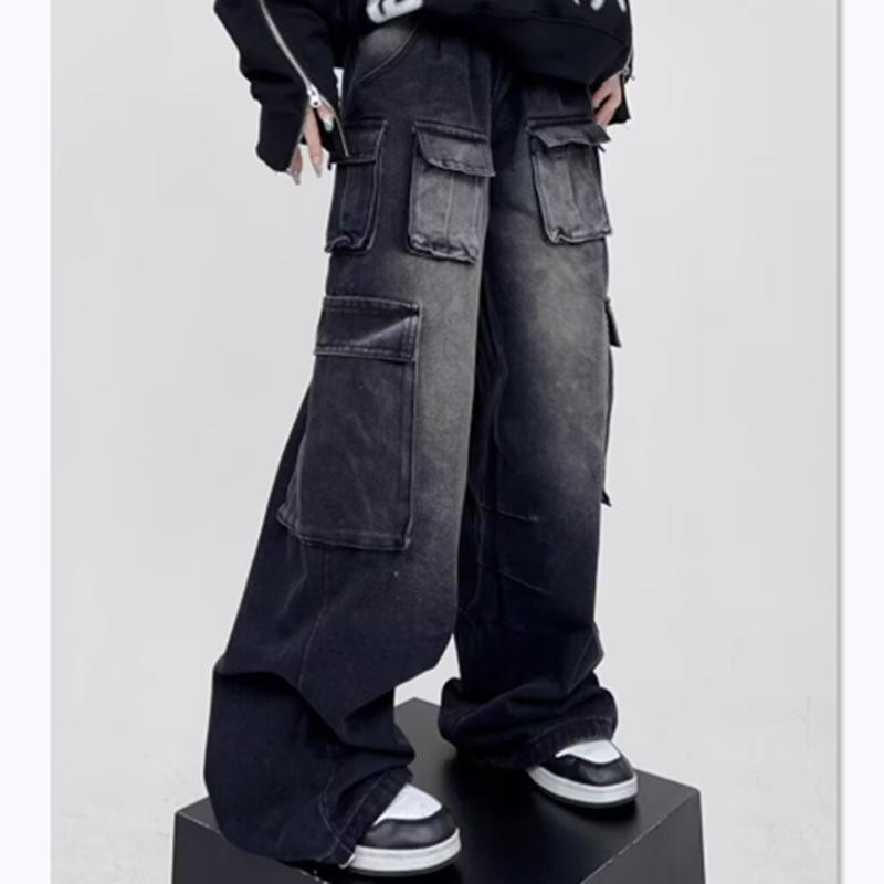 Neue High-Street-Jeans mit vielen Taschen, schwarz, Workwear, für Paare, lockere gerade Hosen, Herren- und Damenhosen