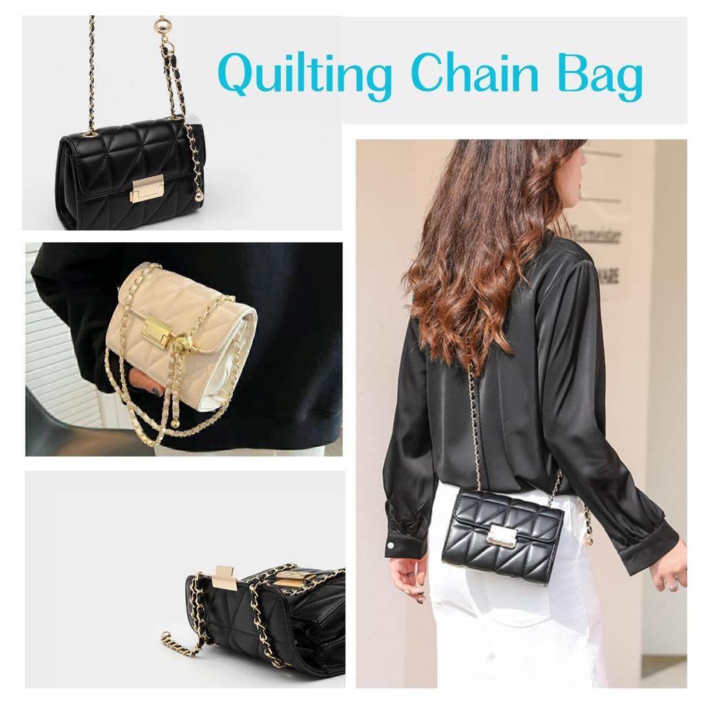 FARFADET Women's Quilted Shoulder Bag with Chain (Beige)