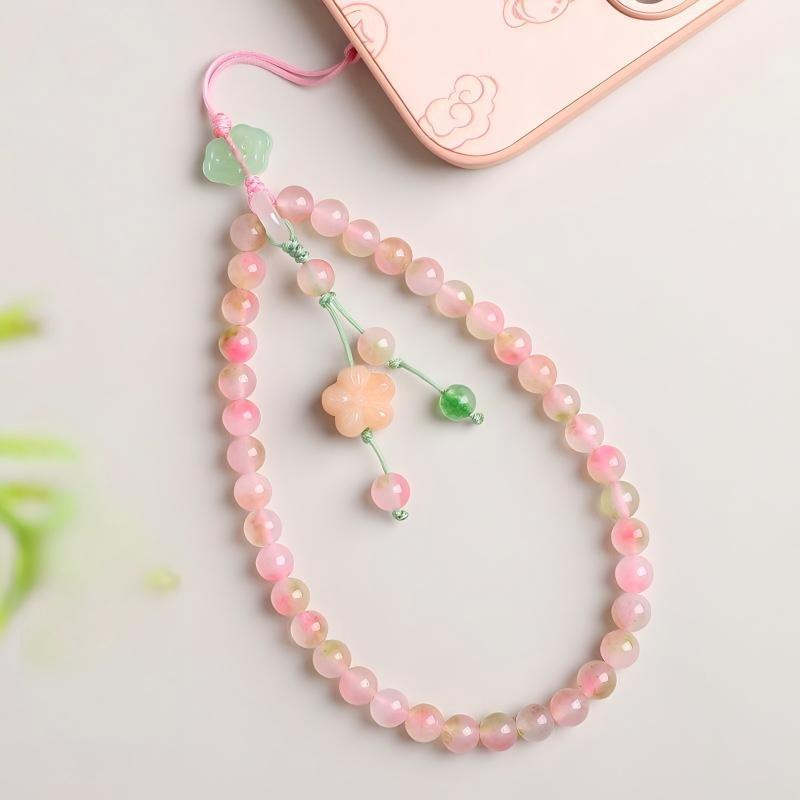 Pink Beaded Phone Wrist Strap Cute Flower Pendant Anti Loss Design For Women Daily Use Gifts