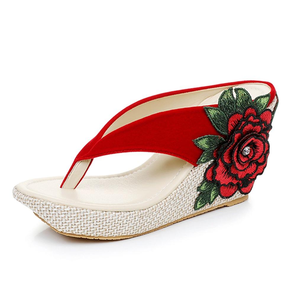 9cm Bohemske Vanntette Platform Sandaler med Tykksåle og Hæl Strand Fotslippers Broderte Blomster Svampekake Sandaler