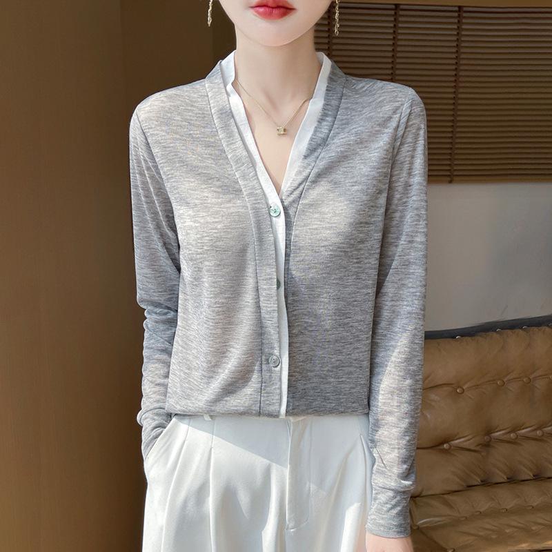 2025 Spring/Summer Colorblock V-Neck Fine-Knit Cardigan – Long Sleeve, Loose Fit, Versatile Two-Piece Top