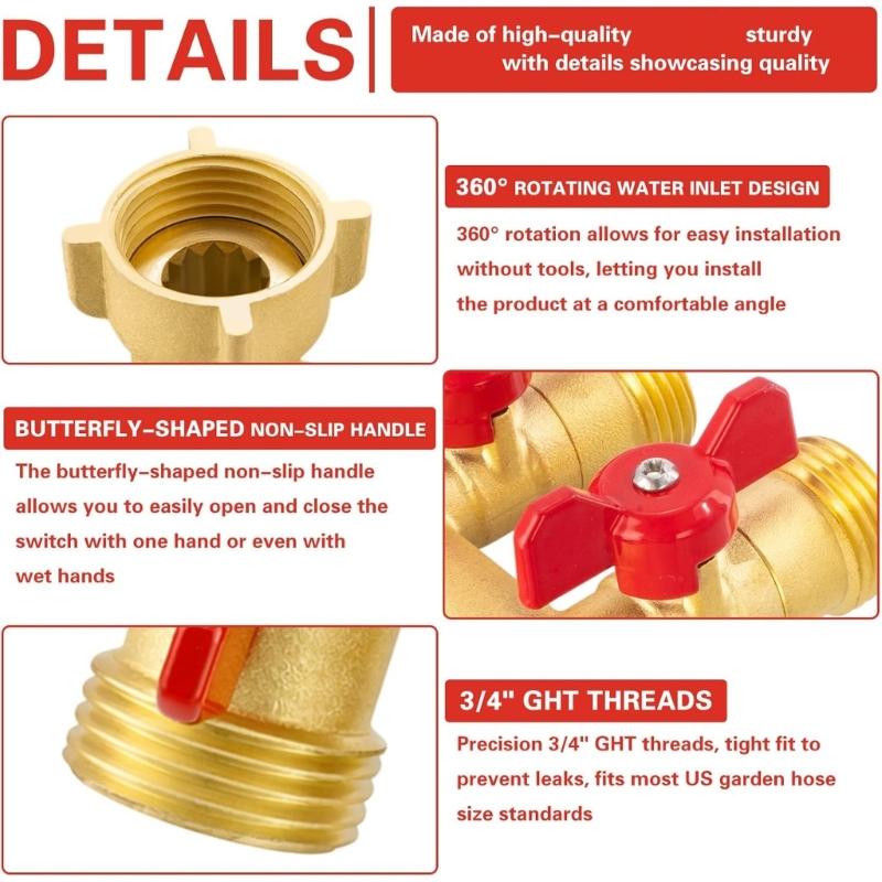 3 Way Garden Hose Splitter Heavy Duty 304 Solid Brasses Water Valves for Outdoor Watering and Irrigation