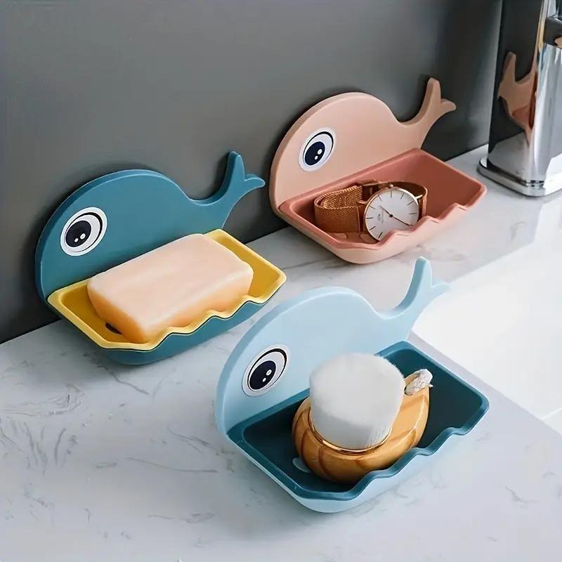 1pc Cute Whale Shaped Soap Box, Removable, Washable, Drainable Soap Rack, Bathroom Organizer, Wall Mount Decorative Soap Holder