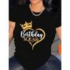 Women'S Birthday Squad Graphic T-Shirt - Black with Golden Heart & Crown Design, Short Sleeve Crew Neck Casual Top for Birthday Party Outfits,