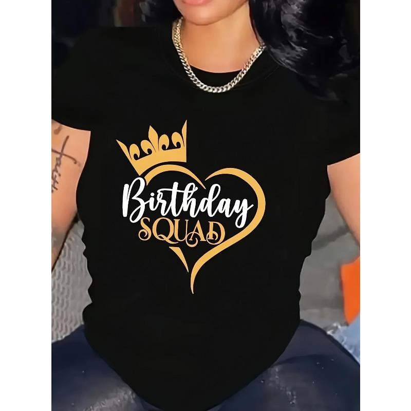 Women'S Birthday Squad Graphic T-Shirt - Black with Golden Heart & Crown Design, Short Sleeve Crew Neck Casual Top for Birthday Party Outfits,