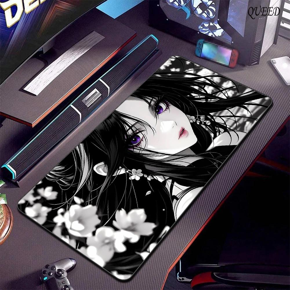 Black White Anime Girl Mouse Pad Large Gaming NonSlip Cool Mousepad Keyboard Pad Laptop Computer DeskMat Lock Edge Mouse Carpet