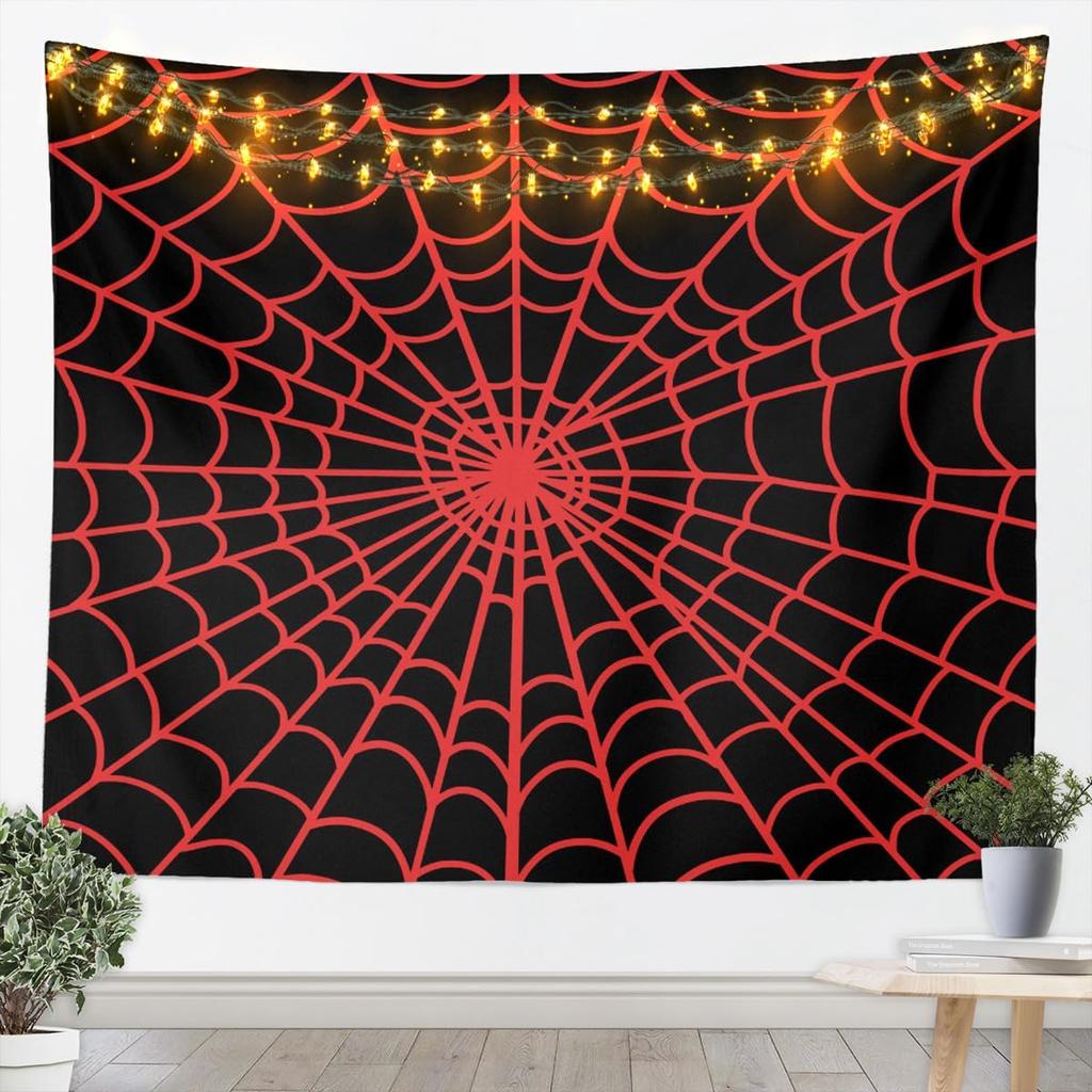 Spider Web Tapestry, HD Print with Red & Blue Web Pattern & Black Spider, Wall Decor for Bedroom, Cool Bohemian Style