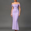 Fishbone mesh pleated dress European and American sexy backless one-word shoulder tight hip-wrapped dress long dress