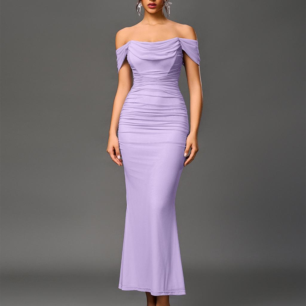 Fishbone mesh pleated dress European and American sexy backless one-word shoulder tight hip-wrapped dress long dress
