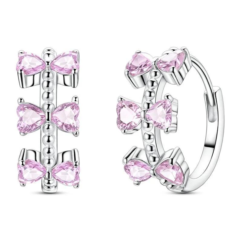 925 Silver Pink Bow Charms Earrings Rings Christmas Bell Pendant for DIY Jewelry Gift