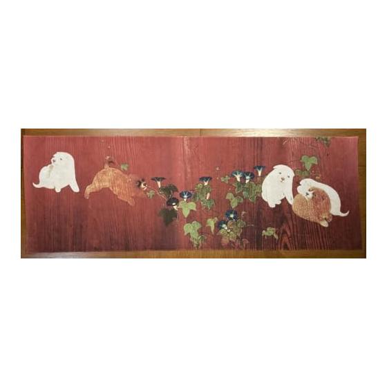 Ukiyo-e Tenugui Towel - Morning Glory Puppies by Maruyama Okyo, Large (Approx. 100cm X 35cm), 100% Cotton, Made In Japan, Tokka Fabric, Fine Threads,