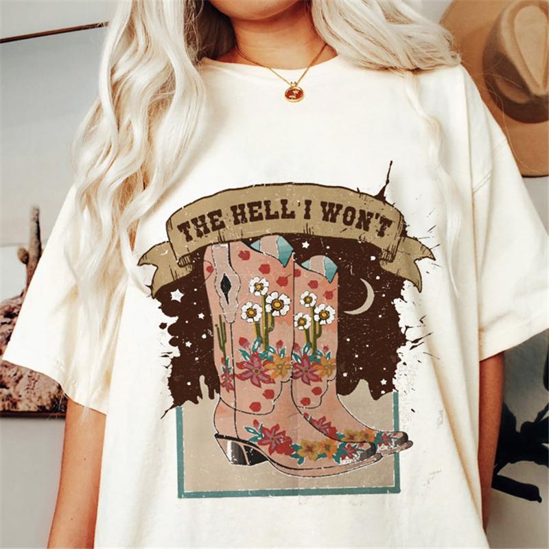 Western Denim Print T-shirt Plus Size Women Pure White Clothing Casual Trendy Short Sleeve Female O-Neck Oversize Tees
