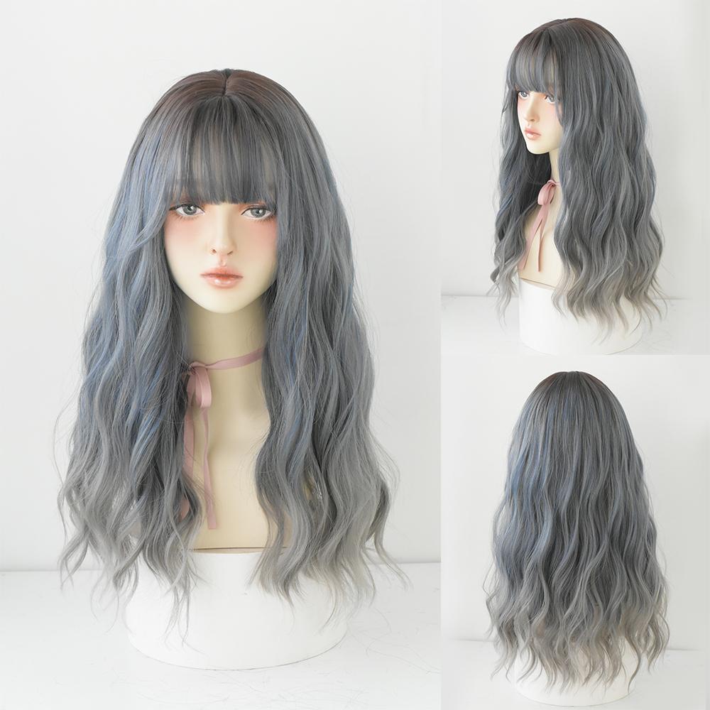 Lange Lockige Haare Damen Perücke mit Pony Täglich Braun Schwarz Rosa Lolita Cosplay Geflochtene Perücken Hitzebeständige Faser Party Kunsthaar