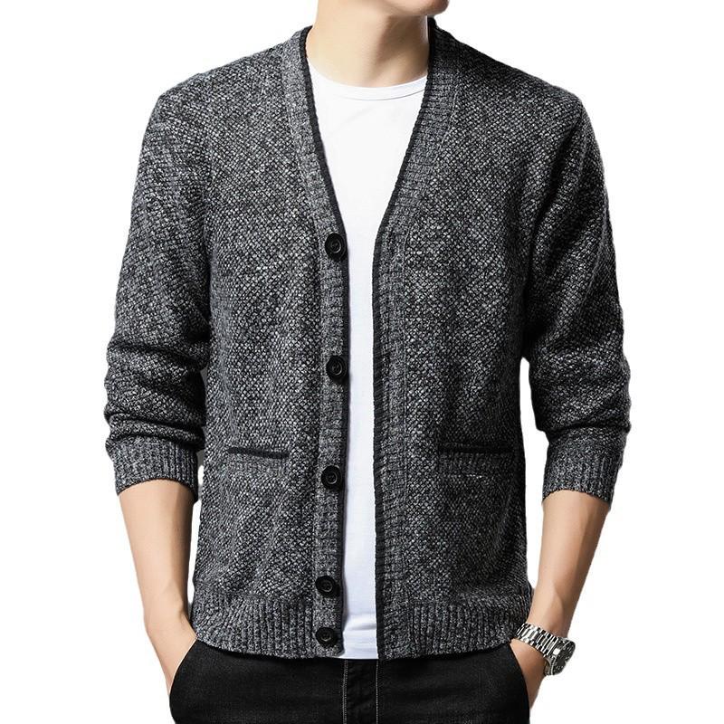 Men's Autumn/Winter Plus Velvet V-Neck Long Sleeve Cardigan Sweater