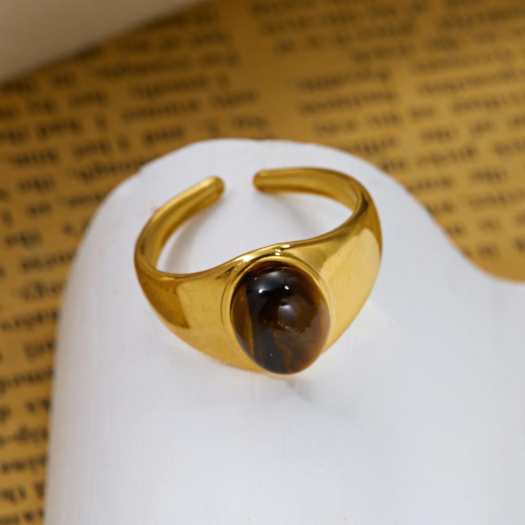 Maillard Style Tiger's Eye Signet Stone Ring for Women Adjustable Gold Plated PVD Coating Stainless Steel Party Jewelry Gift