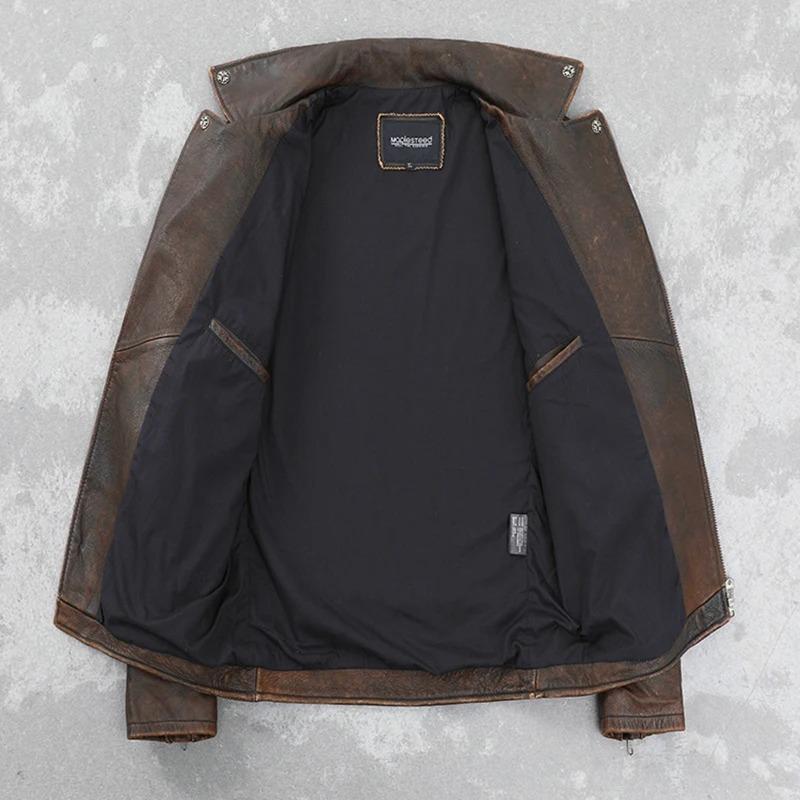 Chinesische Größe Rindsleder Ledermantel Herren Retro Distressed Motorrad Fahrradbekleidung Trendy Jugend LapeSpring und Herbst Mantel
