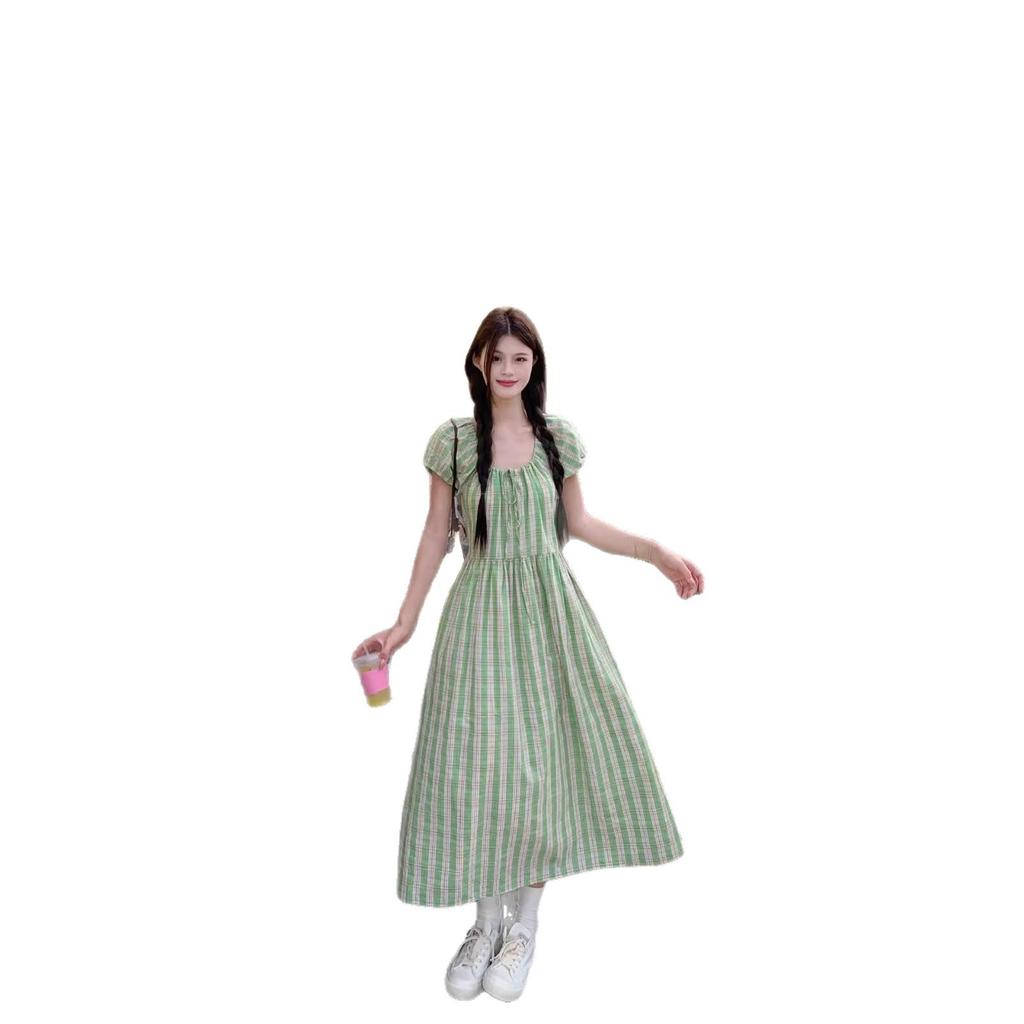 Women's Summer Green Plaid Dress with Bubble Sleeves - Loose Fit Cotton Linen for Beach Vacations