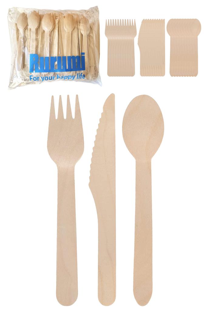 Rurumi Disposable Wooden Cutlery Individually 16cm Paper 100 Food Registered Set, Wrapped, Spoon, Knife, Fork, Napkins, Sets, (100)