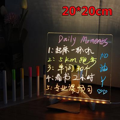 Tableau d'écriture transparent en acrylique effaçable à sec, 20 x 20 cm, avec éclairage LED