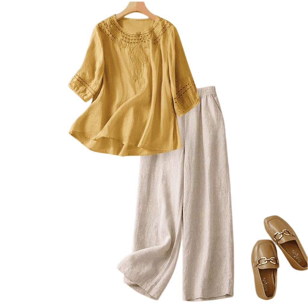 Stylish Two-piece Cotton-linen Set: Top, Vintage-inspired, Casual, And Wide-leg Pants.