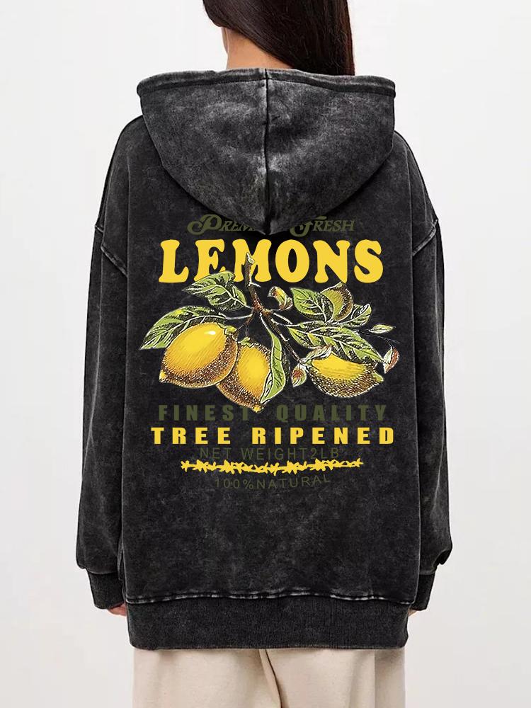 Autumn Winter Womans Washed Hoodie Premium Fresh Lemons Printing Sweatshirt Retro Oversize Cotton Clothes
