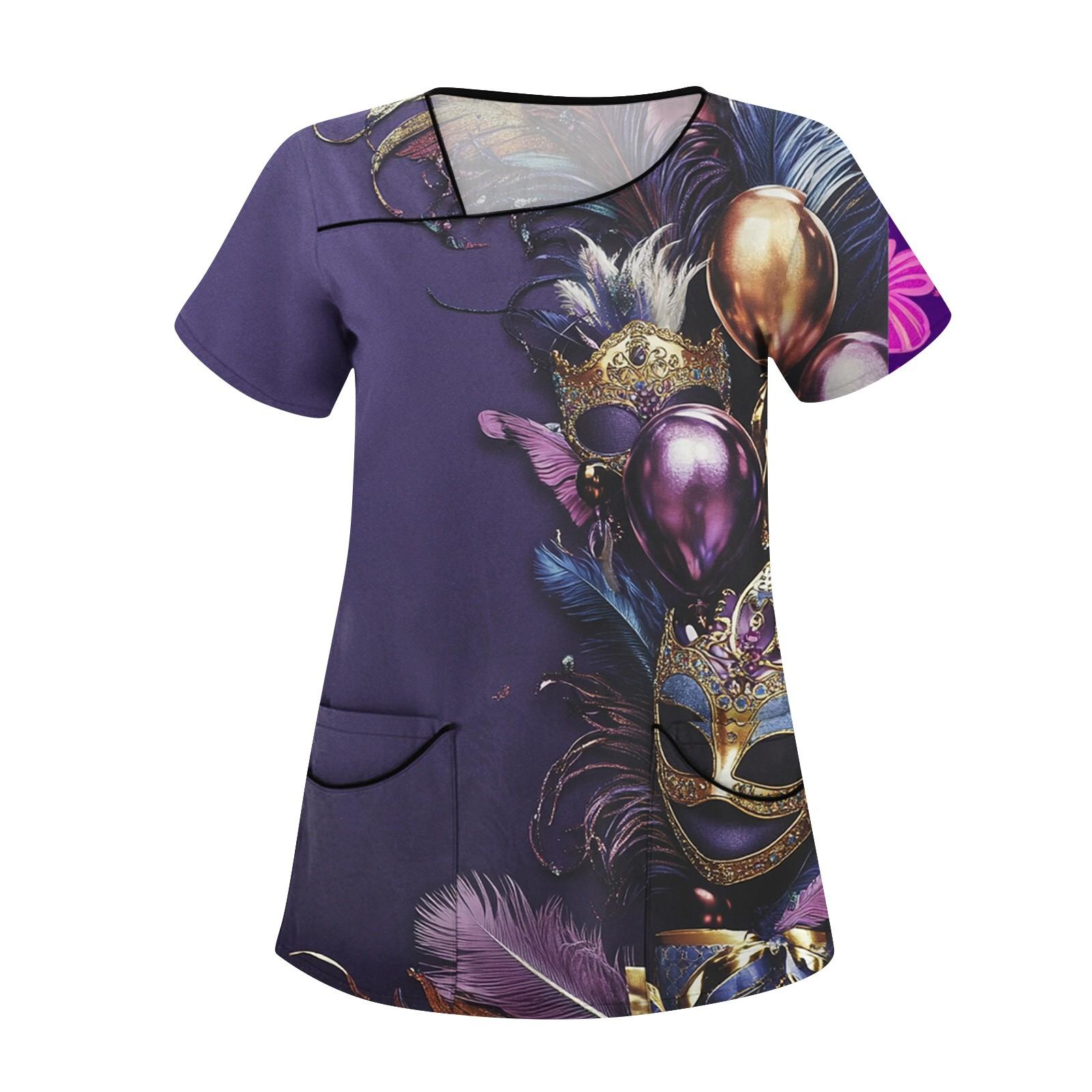 

Женская повседневная рабочая одежда с короткими рукавами и наклонным воротником с принтом и двойными карманами L темно-фиолетового