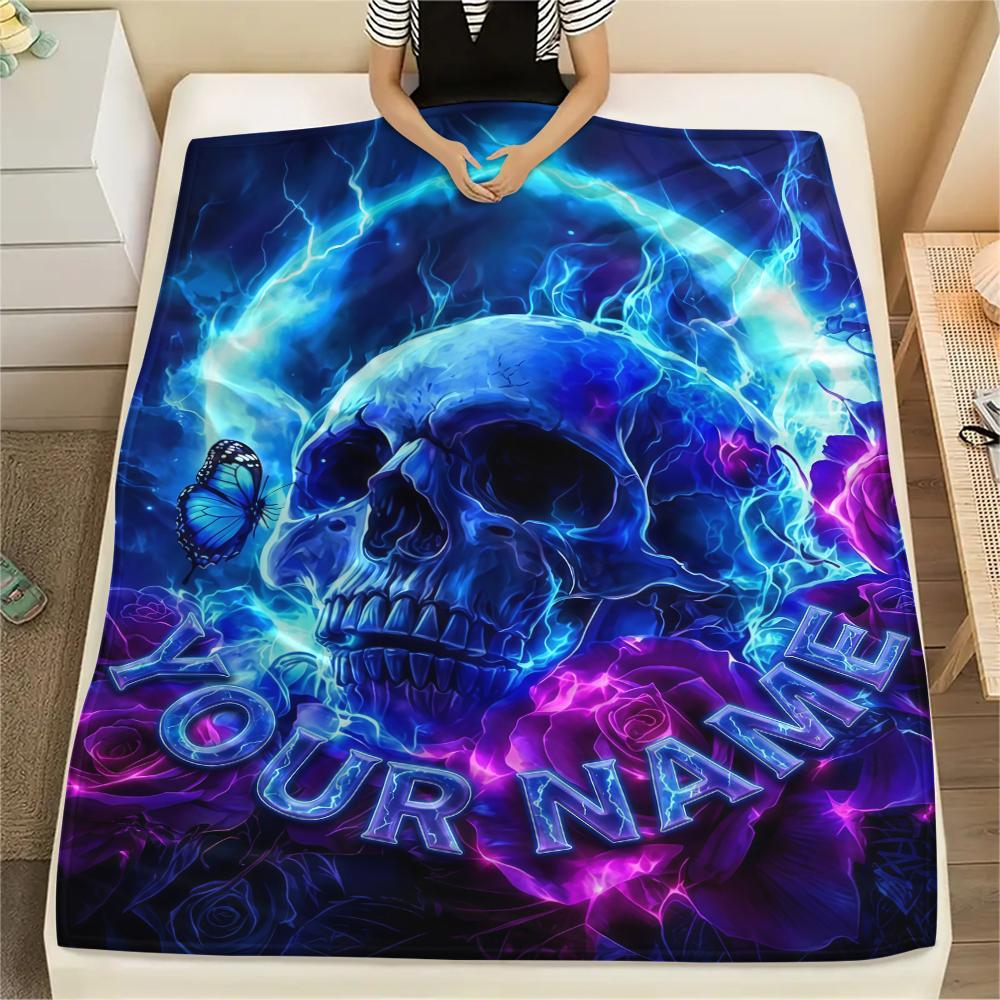 1PC Custom Name Skull Warrior Artwork Patterned Flannel Blanket Suitable For All Seasons for Home Decor Warmth and Comfort Gifts Holiday Present_lx
