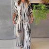 Summer Casual Vintage Printed O Neck Short Sleeve Shirt Wide Leg Pants Suit Women Two Piece Set Comfortable Outfits
