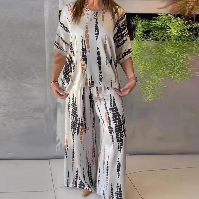 Summer Casual Vintage Printed O Neck Short Sleeve Shirt Wide Leg Pants Suit Women Two Piece Set Comfortable Outfits