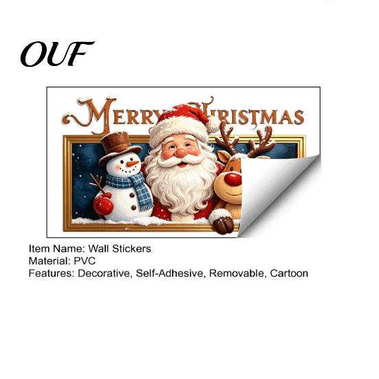 Holiday Party Wall Decorations Christmas Stickers, Santa Claus Reindeer And Snowman Decals with Photo Frame Design, Removable PVC Self-adhesive