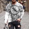 Long-sleeve T-shirt with Vintage Compass Map Print, Trendy Casual Top.
