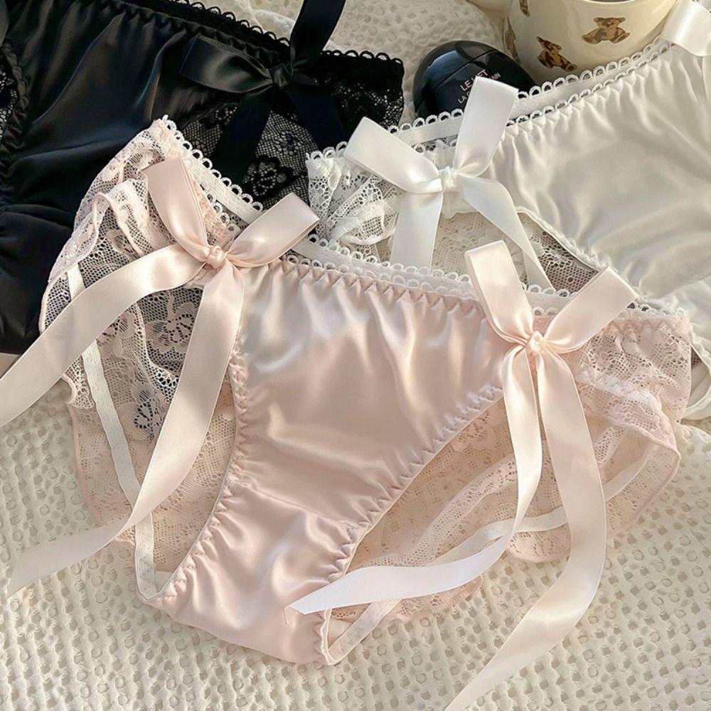 Ribbon Lace Bow Underwear Cotton Crotch Women Briefs Temptation Low-Waist Panties Lady