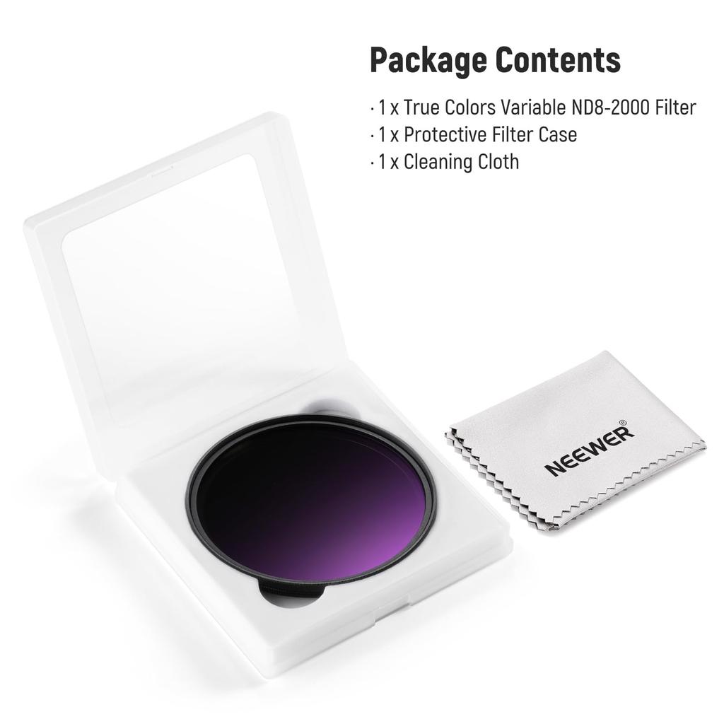 NEEWER 67mm Variable ND Filter True Color Hard Stops Optical Slim Aluminum Neutral Density Filter for Cameras (ND8-2000), & Stops, 3-11 Adjustable,