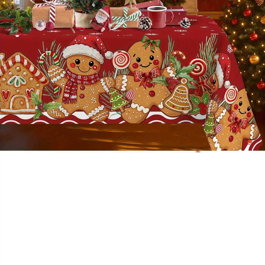 Tablecloth 1PC - Holiday Christmas Tablecloth, decorated with gingerbread men, snowflakes and bow patternszyc