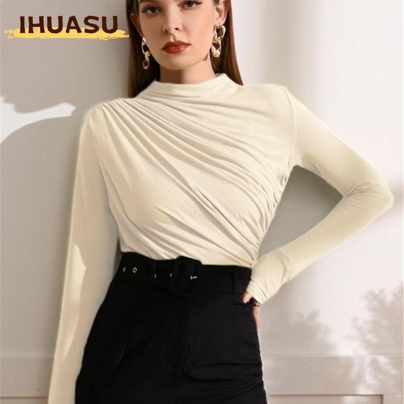 IHUASU Blusas y camisas de manga larga con estampado de color sólido informal a la moda para mujer